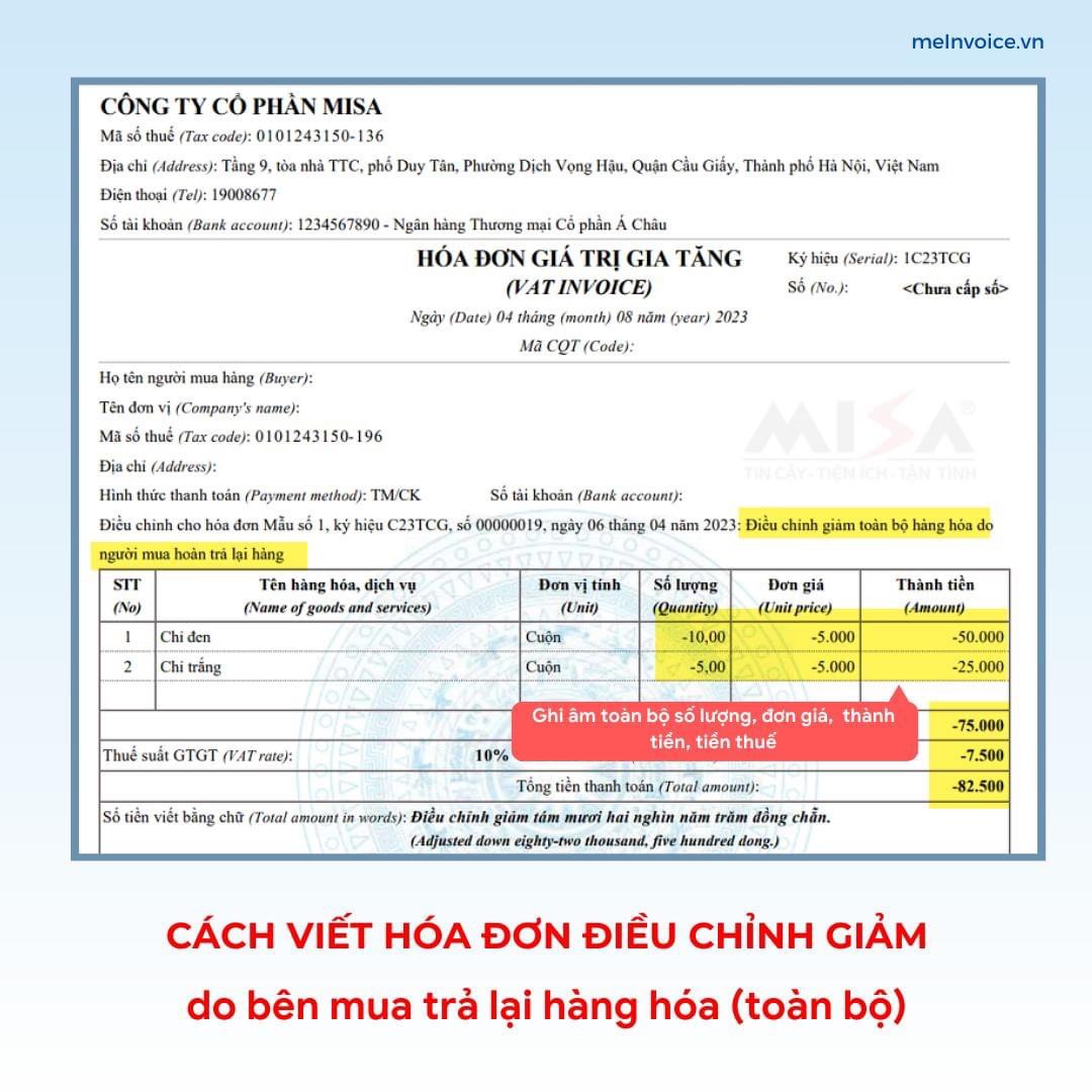 Viết Hóa Đơn Điều Chỉnh Giảm Toàn Bộ Hàng Hóa Do Người Mua Hoàn Trả Lại Hàng