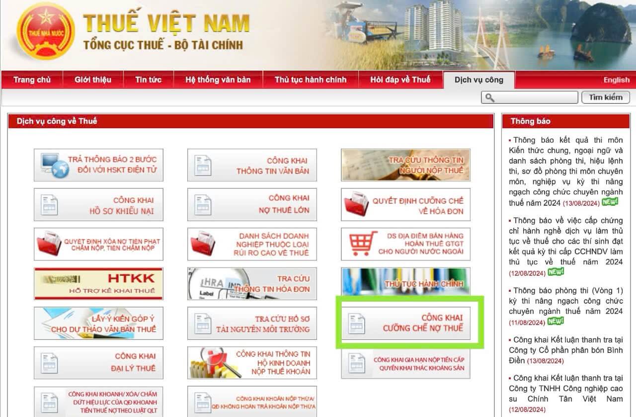 Chọn mục "Công khai cưỡng chế nợ thuế"
