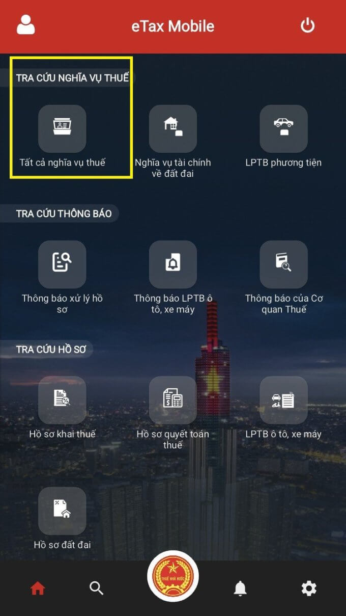 Chọn mục "Tra cứu nghĩa vụ thuế" sau đó chọn "Tất cả nghĩa vụ thuế" và thực hiện thao tác tra cứu