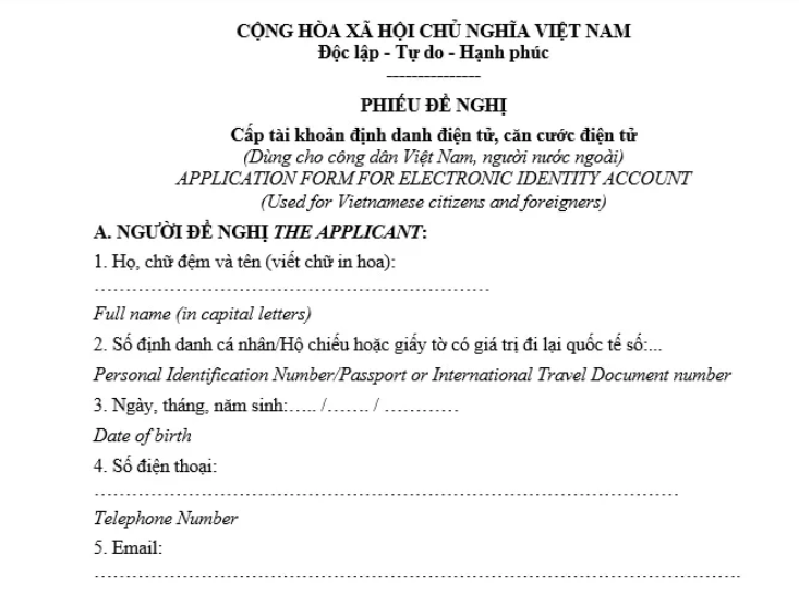 Phiếu đề nghị cấp tài khoản định danh điện tử (mẫu TK01)