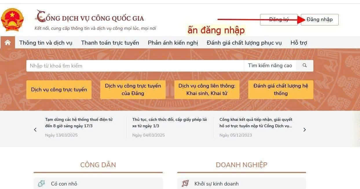 Đăng nhập vào Cổng dịch vụ công quốc gia để định danh điện tử doanh nghiệp