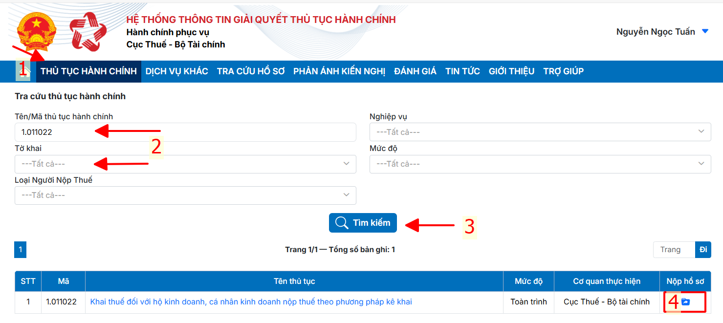 Tìm kiếm tờ khai cần lập bằng cách điền mã thủ tục hành chính hoặc tên Tờ khai vào ô tìm kiếm