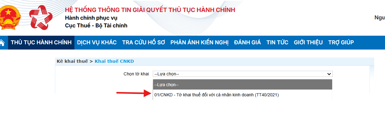 Chọn "01/CNKD – Tờ khai thuế đối với cá nhân kinh doanh (TT40/2021)"
