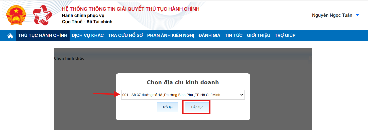 Chọn địa chỉ kinh doanh của Hộ Kinh Doanh của bạn.