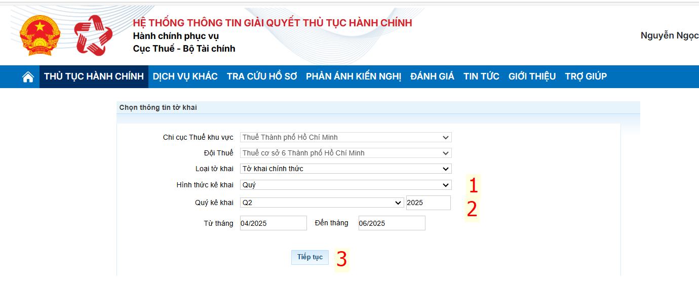 Nhập các trường dữ liệu bắt buộc là "Hình thức kê khai"